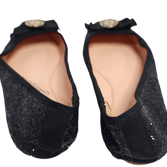 Kate Spade Womens Black Glitter Ballet Flat With Ribbon & Gold Toned Medallion - Picture 4 of 7